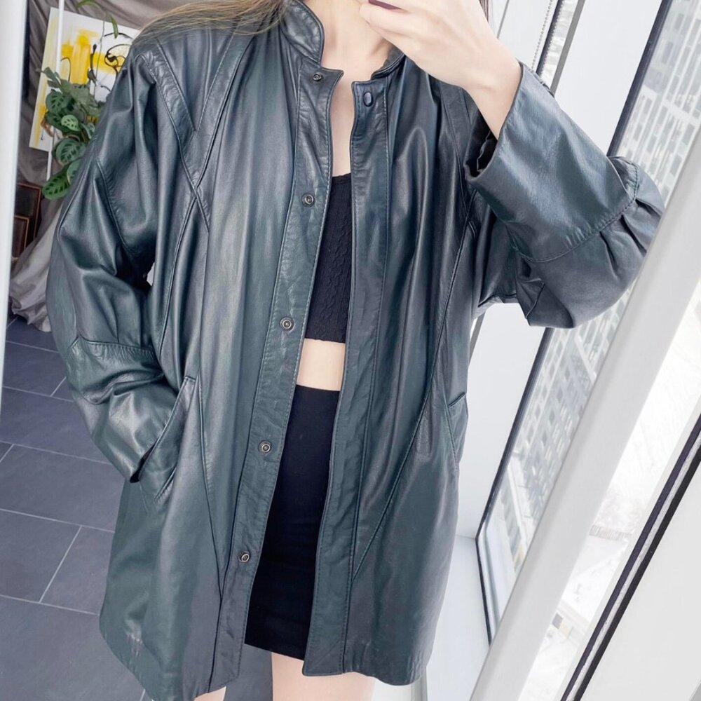 90s Boxy Dark Green Leather Jacket: Oversized Unisex Style